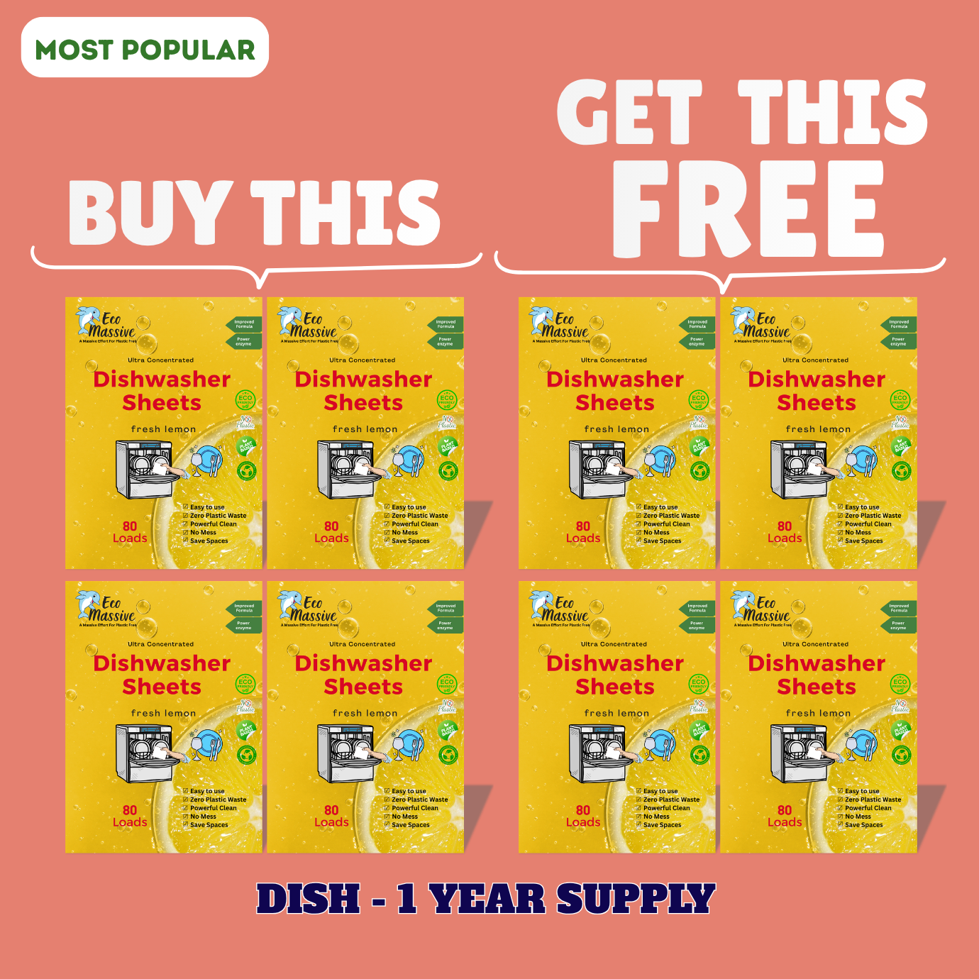 Eco-Friendly dishwasher detergent sheets - 80 Loads/pack