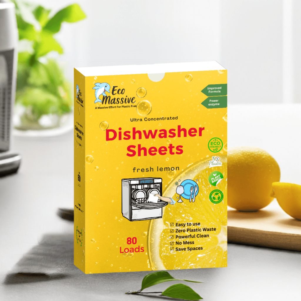 dishwasher tablets, dishwasher sheets, eco massive, laundry sheets, eco-friendly dishwasher sheets, plastic free packaging